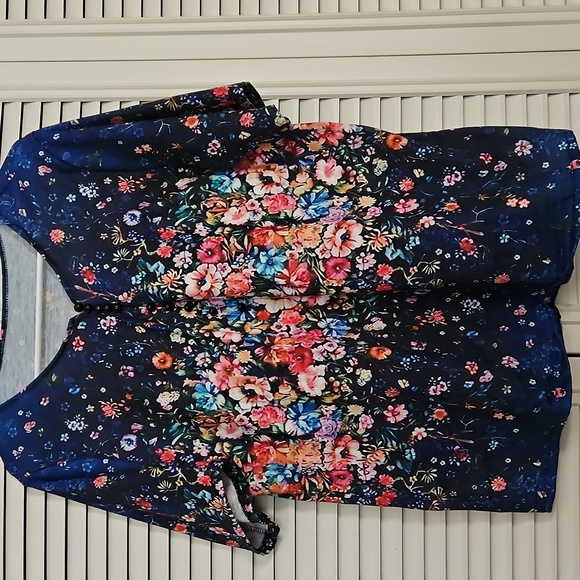 Tops - Floral Navy Women's Top - Large, Blue, Pink, Orange, Purple, Yellow